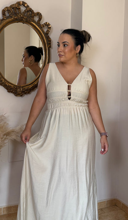 Vestido Perlas Largo Beige