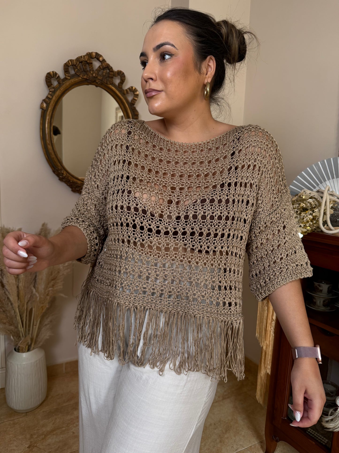 Top Crochet Flecos Taupe