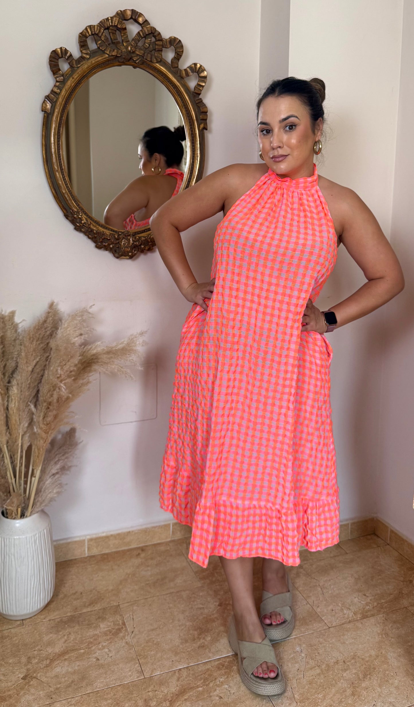 Vestido Vichy Flúor Coral