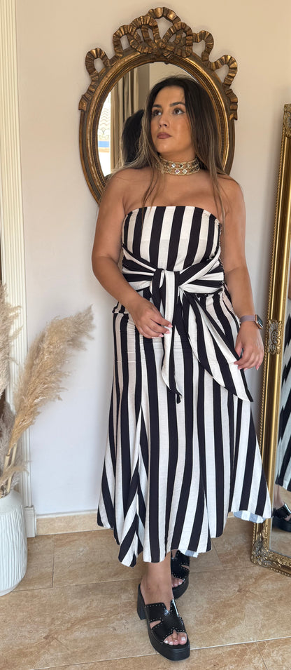 Vestido Midi Palabra de Honor con Lazada Blanco y Negro
