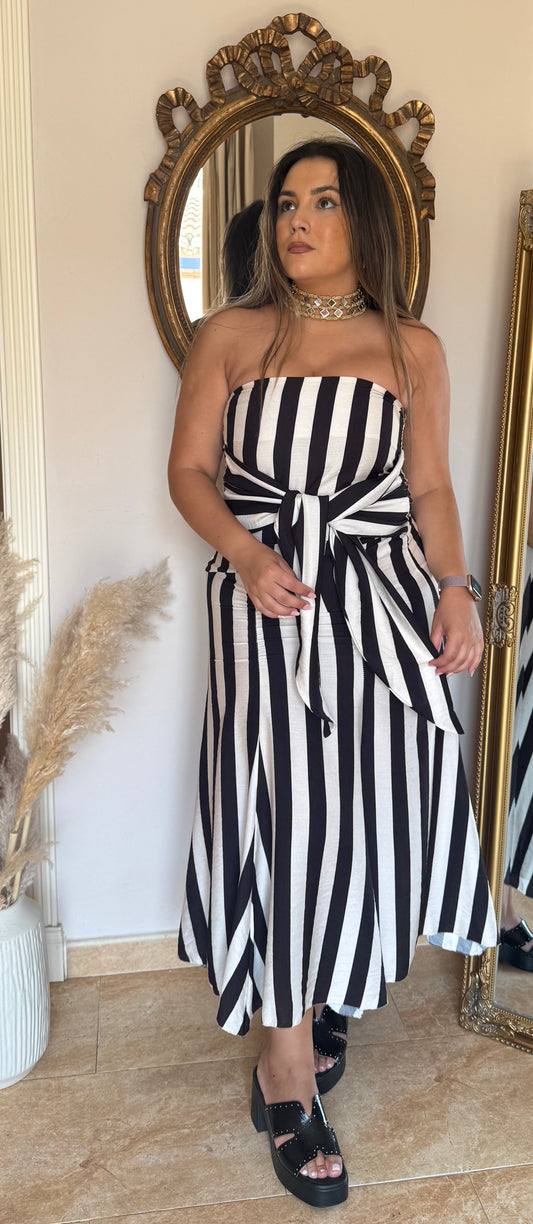 Vestido Midi Palabra de Honor con Lazada Blanco y Negro