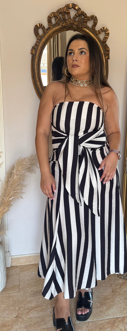 Vestido Midi Palabra de Honor con Lazada Blanco y Negro