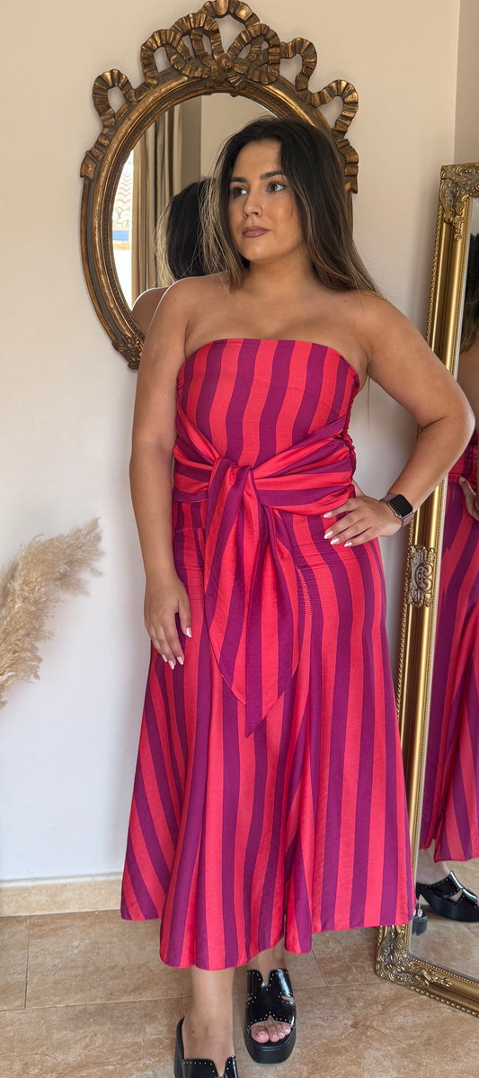 Vestido Midi Palabra de Honor con Lazada Rosa