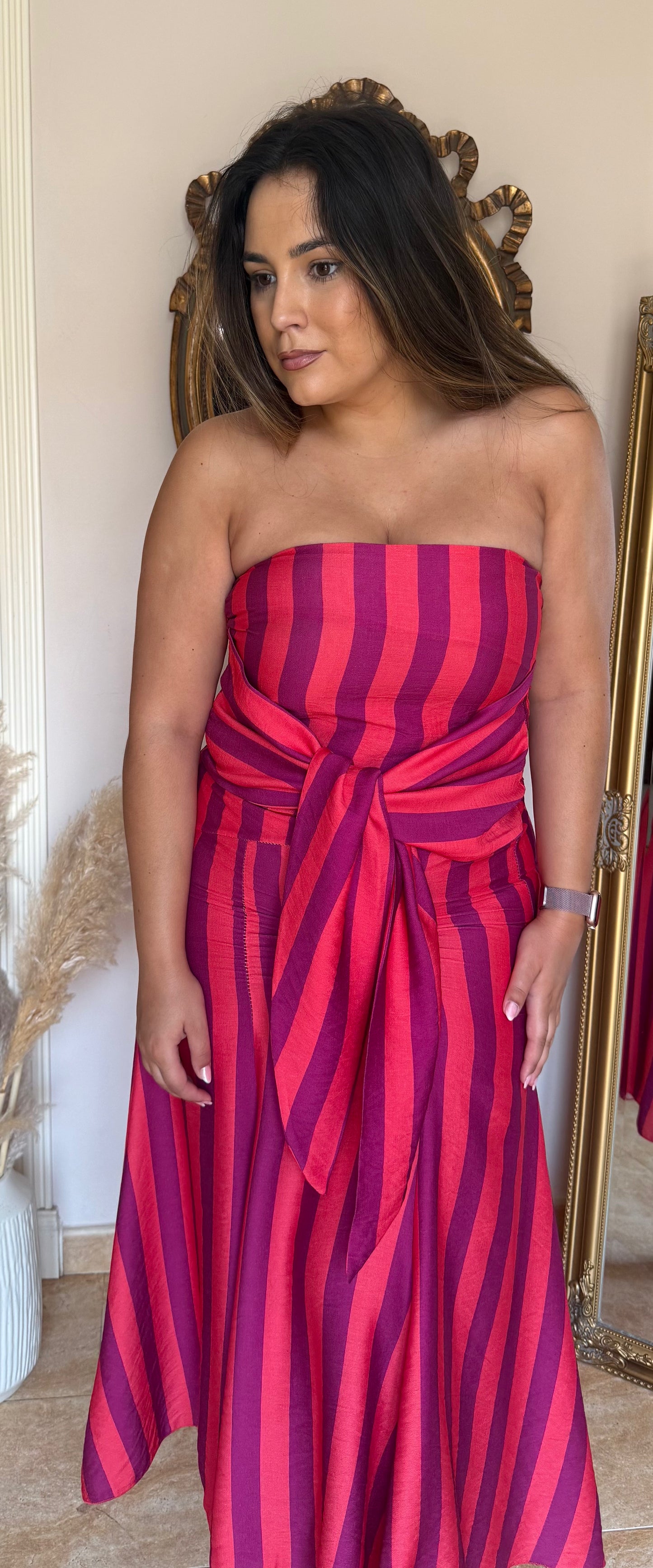 Vestido Midi Palabra de Honor con Lazada Rosa