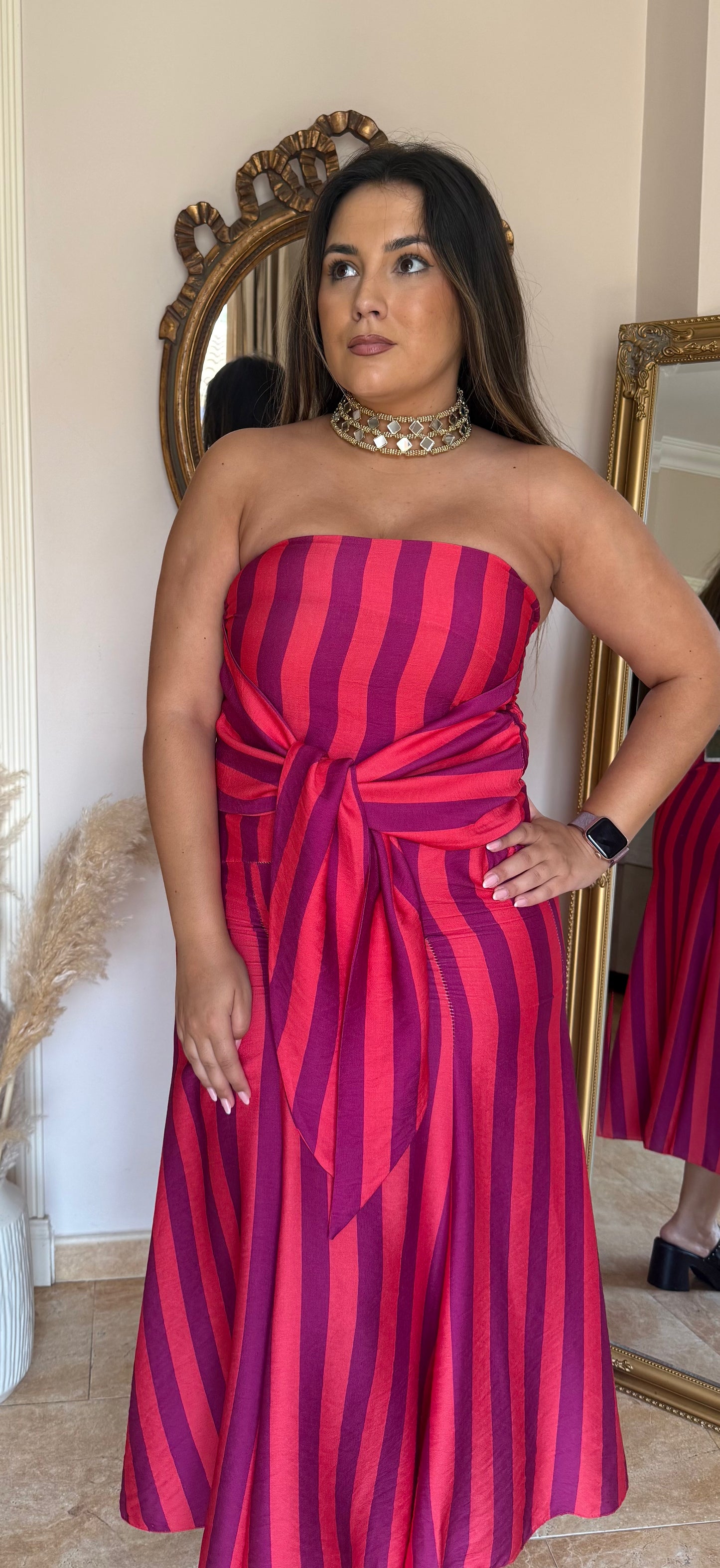 Vestido Midi Palabra de Honor con Lazada Rosa