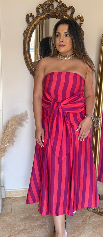 Vestido Midi Palabra de Honor con Lazada Rosa