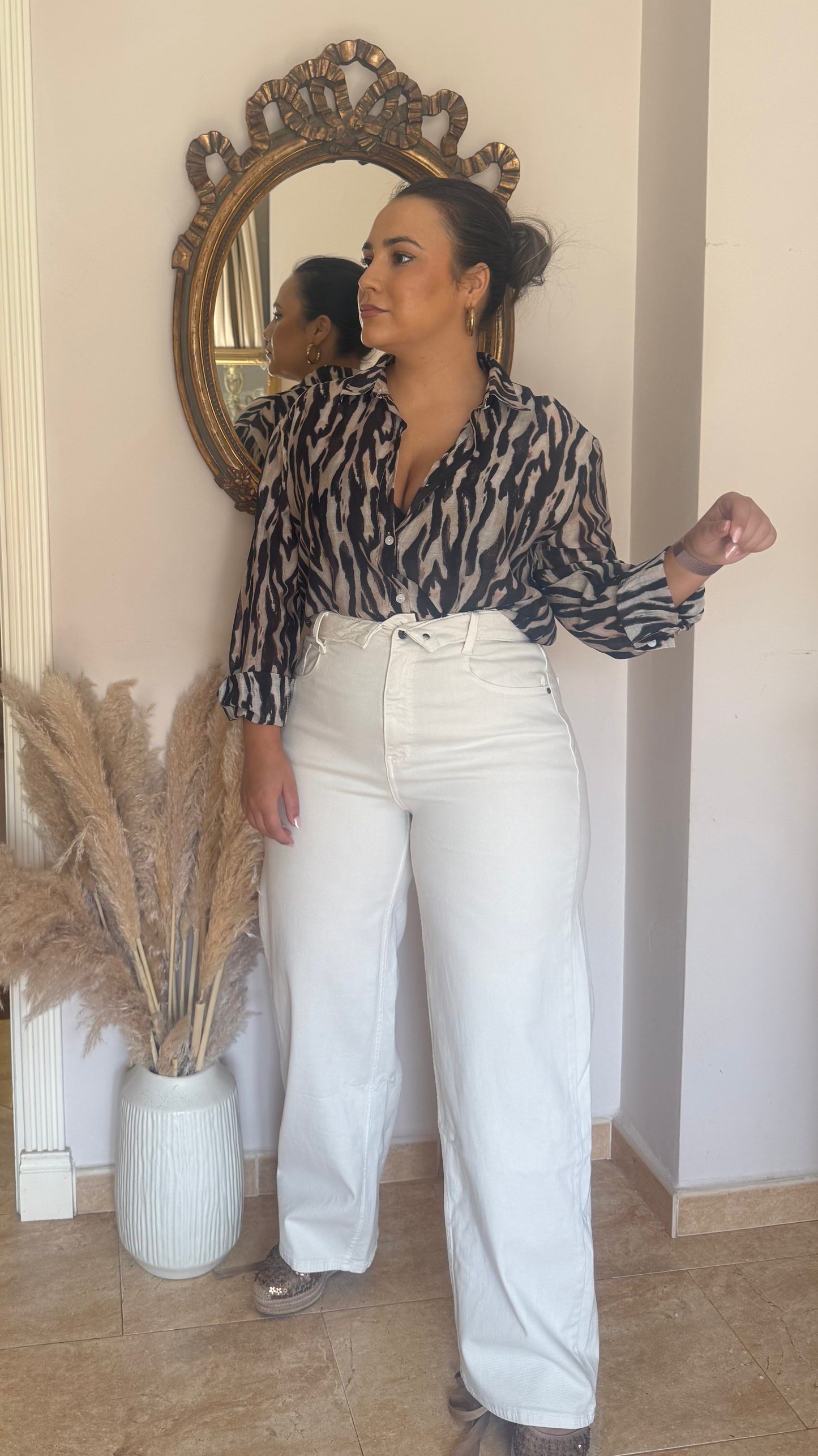 Vaquero Beige Wide Leg Cintura Doblada