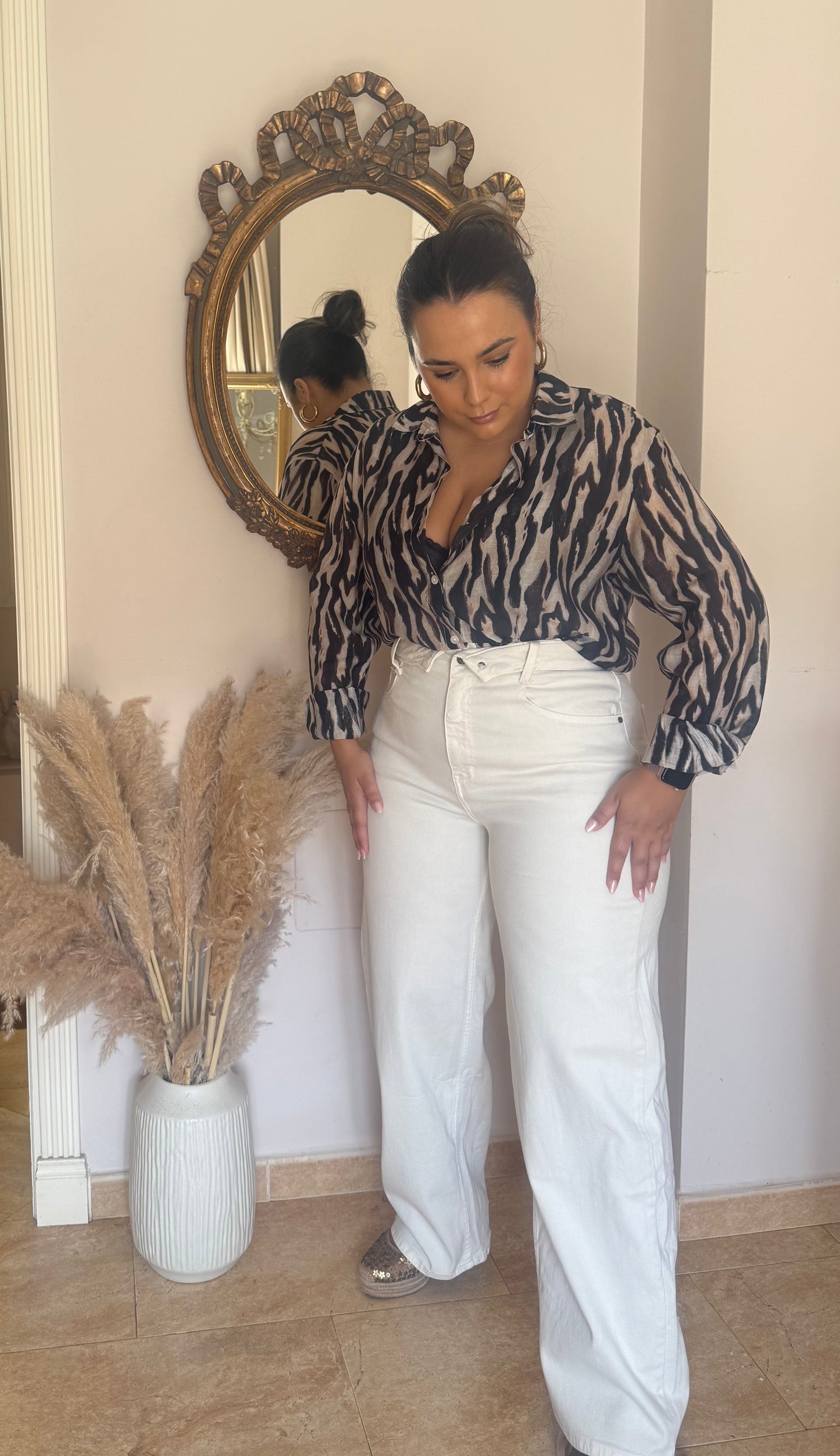 Vaquero Beige Wide Leg Cintura Doblada