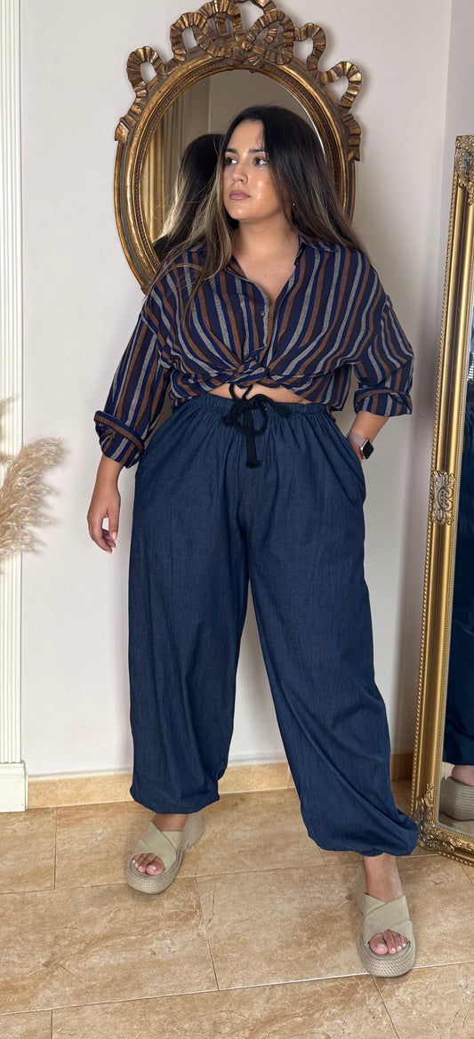 Pantalón Bombacho Fluido Efecto Denim