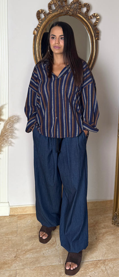 Camisa Rayas Multicolor Oversize con Lino