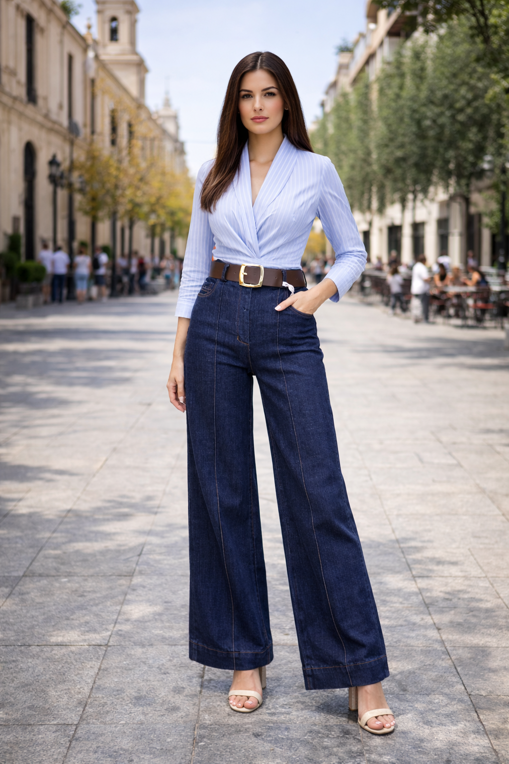 Jeans Wide Leg Oscuros con Cinturón